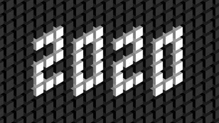 Happy new year 2020. Text in the wall in isometric style. Minimalistic wide template for screensavers, covers, brochures, cards, banners.のイラスト素材