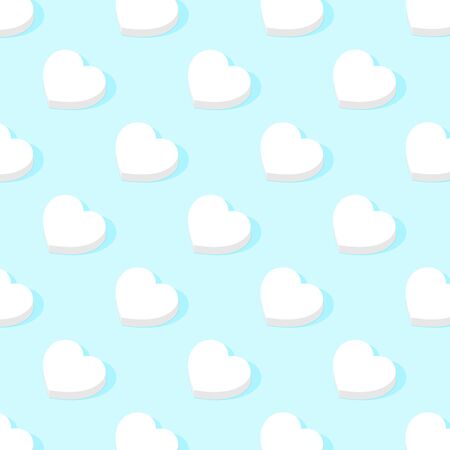 Trendy pattern made of white hearts on a delicate blue background. Minimal holiday concept. Sun shadow. 3D rendering.の写真素材