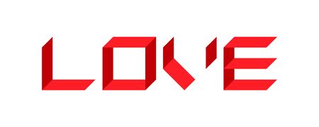 3D illustration of the word love made of letters in the form of flat red stripes. Volumetric love letter for Valentine's Day. Minimal abstract geometry.の写真素材