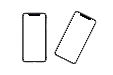Realistic model of a modern smartphone with a blank screen for your advertising, text, inserts, promotion, applications or hand holding.の写真素材