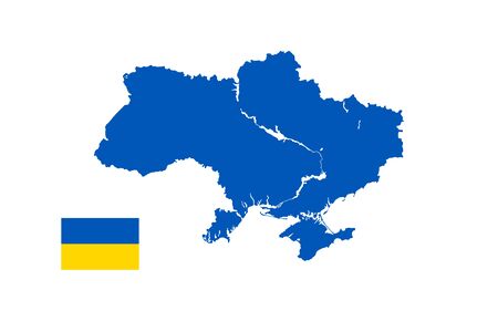 Illustration of a map and flag of Ukraine with ponds and a river. Blue silhouette on a white background.のイラスト素材