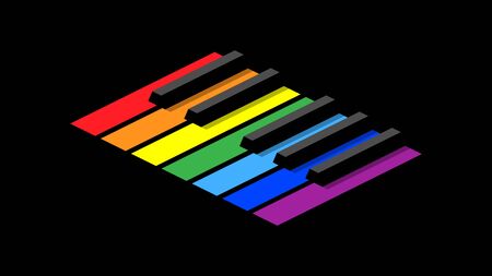 Piano keyboard in octave for icons on a black background. Isometric style image. Seven colors of the rainbow on each key.のイラスト素材