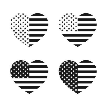 Different variations of the USA flag in the shape of a black heart on a white background. Set of symbolic hearts from stars and stripes.のイラスト素材