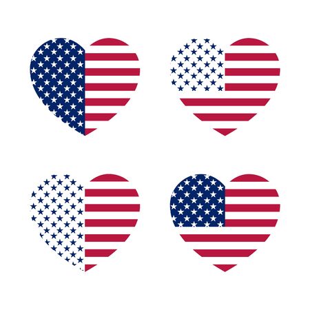 Different variants of a colored heart on a white background in the shape of the USA flag. Set of symbolic hearts from stars and stripes.のイラスト素材