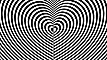 Fashionable ornament with the effect of optical illusion. Striped pattern in the form of an endless heart on two sides from repeating black lines. Flat minimalism.のイラスト素材