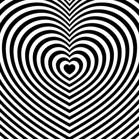 Striped heart shaped pattern. Fashionable ornament with the effect of illusion. Repeating black and white lines. Flat minimalism squared.のイラスト素材