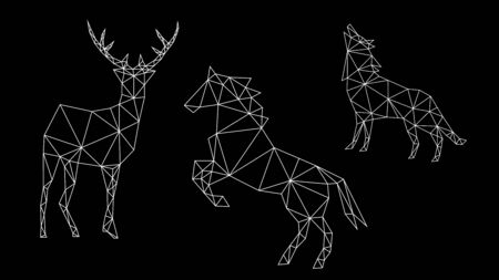 Fashion geometric out of white contour of a deer, horse and wolf on a dark background. Minimalism in the style of trigonometry.のイラスト素材