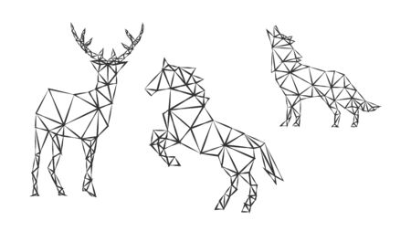 Fashion geometric outlines of strong animal deer, horse and wolf on white. Minimalism in the style of trigonometry.のイラスト素材