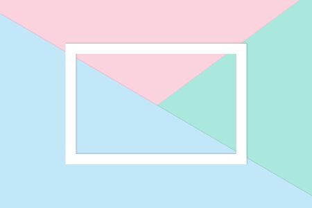 A composition of pastel blue, pink and mint sheets of paper with a white frame. Layout for your creative content or text. Fashionable minimal flat lay. 3d illustration.の写真素材