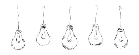 Light bulbs are drawn in a minimalist style in the form of wires on a white background for interior, design, advertising, ideas, icons. Minimal flat concept.の写真素材