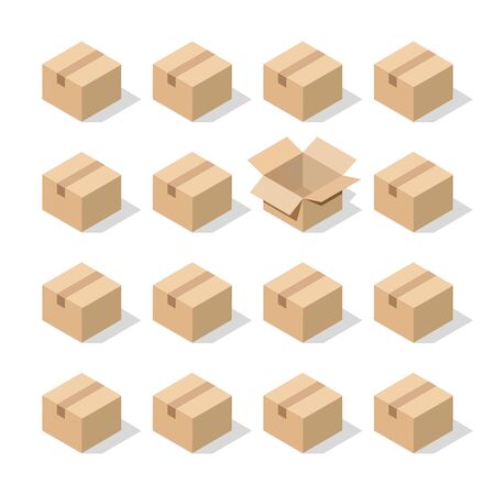 Be special, be open among the closed. Cardboard boxes on white. Minimal industrial concept in isometric style. 3D rendering.の写真素材