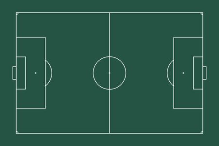 Illustration of a sports European football field. Top view for easy use in strategy or background. White marking lines on green. Flat style.の写真素材