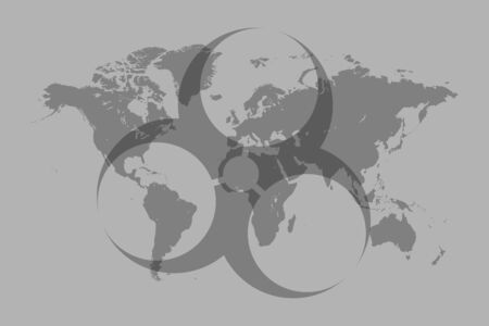 Minimal background with a transparent biohazard symbol on a world map.の写真素材