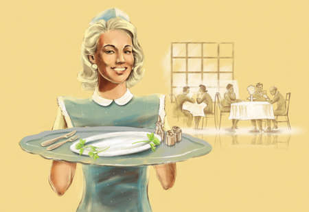 retro waitress in a cap with a tray in a restaurantの写真素材