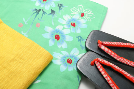 Concept of Japanese summer. Japanese yukata, obi, and sandals.