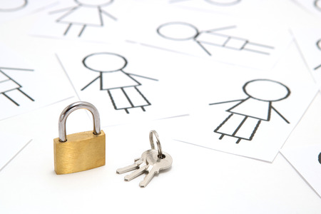 Padlock and keys and many people on white background. Concept of internet security.の写真素材