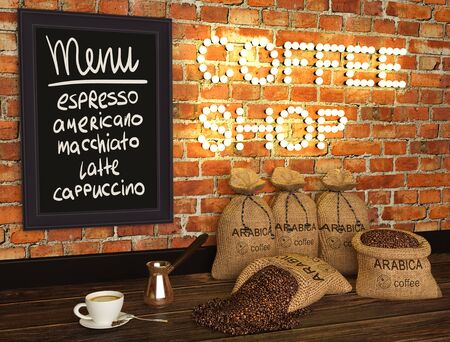 3d illustration of coffee shop, composition of bags with coffee, cup and coffee Turkの写真素材