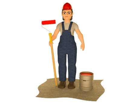 3D render of builder painter with paint rollerの写真素材