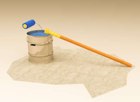 3d illustration of a bucket of paint and a paint rollerの写真素材