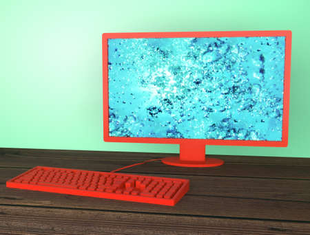 3d illustration installation red computer monitor with keyboardの写真素材