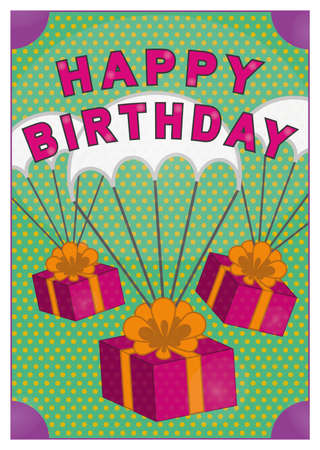 Festive card Happy Birthday with gifts flying on parachutesのイラスト素材