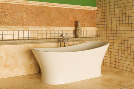 3d illustration of the design and renovation of a bathroom with the installation of a bathtub and a faucetの写真素材