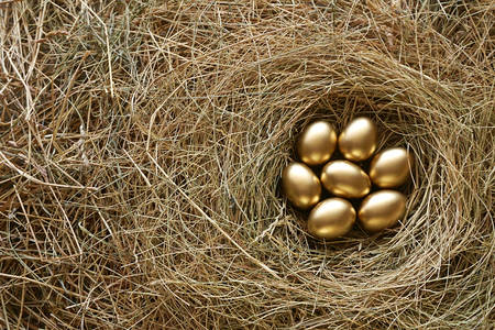 Golden eggs in nest. Straw backgroundの写真素材