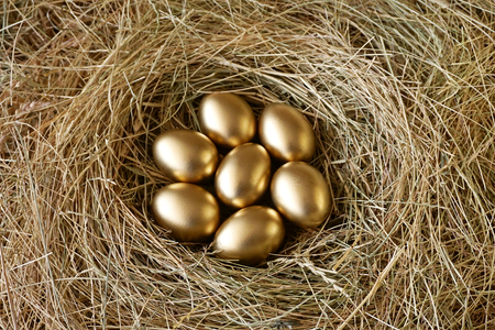 Golden eggs in nestの写真素材