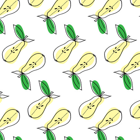 Vector seamless pattern of halves of pears with leaves in doodle styleのイラスト素材