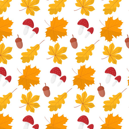 Vector autumn seamless pattern with leaves in flat styleのイラスト素材