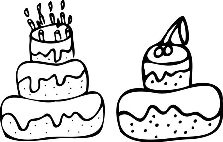 Vector Set Two Cakes Doodle Style. Illustration Cake Cherry .Illustration Cake Candles .Dripping...