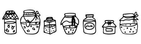 Vector set of icons of jars with jam. Doodle style.のイラスト素材