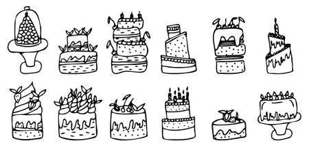A set of delicious beautiful cakes. Hand drawn doodle style set. Cakes for birthday, wedding and other holidays. Cakes decorated with cherries, strawberries and mint. Cakes with candles.のイラスト素材