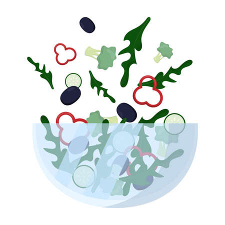 Vegetarian salad. Lean salad. Glass plate with vegetable salad. Vegetable salad with olives and cucumber slices flying into a plate.のイラスト素材