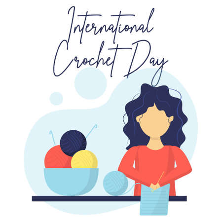 International Crochet Day. The girl is crocheting. Crochet concept. Illustration of a knitting woman. A set of threads.のイラスト素材