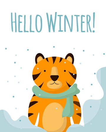 Vector greeting card, hello winter. Postcard with a tiger in a scarf. Postcard with running snow. Winter postcard.のイラスト素材