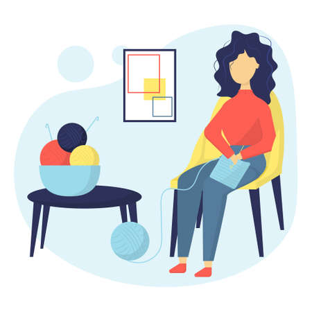 International Crochet Day. The girl is crocheting. Crochet concept. Illustration of a knitting woman. A young girl sits in a chair and knits.のイラスト素材