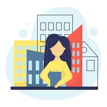 Woman architect. Woman with a folder in her hands. Woman architect shows her blueprints. Layout of the house. Architect creator sketching flat cartoon vector illustration. Project creation.のイラスト素材