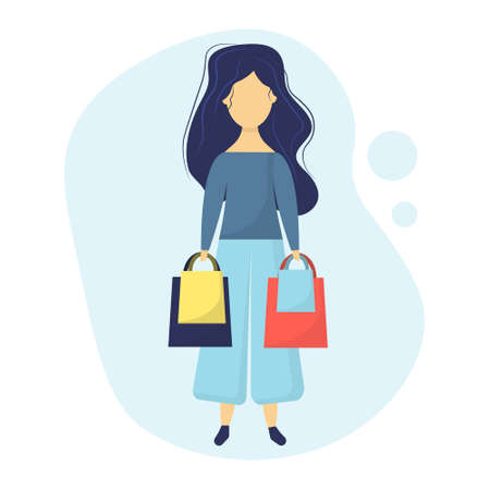 Cartoon character for sale or discount events .Buyer. Girl with shopping bags from the store. Sale. Vector illustration of a flat designのイラスト素材