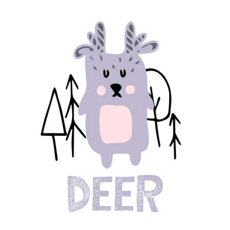 Vector hand-drawn illustration of a deer. Childrens illustration of a deer in the forest. Illustration for postcards, prints, textilesのイラスト素材