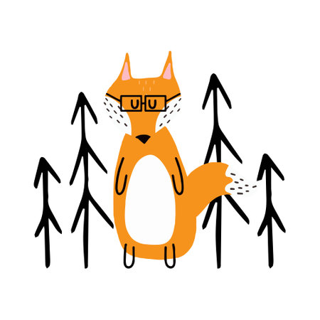 Hand-drawn childrens illustration of a red fox with glasses. Cunning fox near the Christmas trees. Illustration for postcards, prints.のイラスト素材