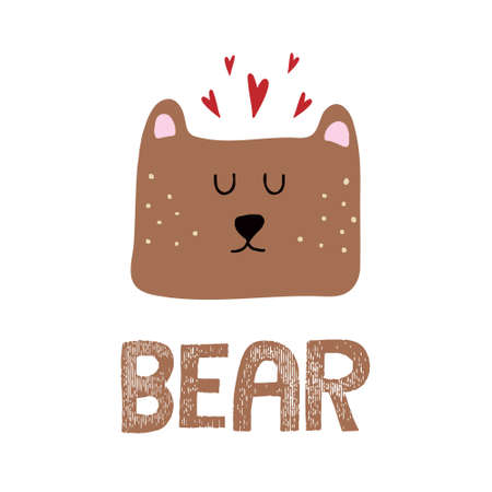 Hand-drawn childrens illustration of a bear. Cute bear face and heart. Inscription. Illustration for postcards and prints.のイラスト素材