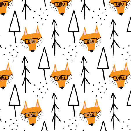 Childish hand-drawn seamless pattern with red fox wearing glasses. Pattern with a fox and trees. Pattern for postcards, prints, textiles, wrapping paper.のイラスト素材