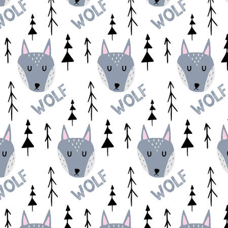 Childish hand-drawn seamless pattern with gray wolf and trees. Pattern for wrapping paper, textiles, prints.のイラスト素材