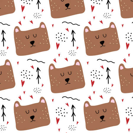 Childish hand-drawn seamless pattern with bear.Cute brown bear head with hearts. Pattern for postcards, prints, fabrics, wrapping paper.のイラスト素材