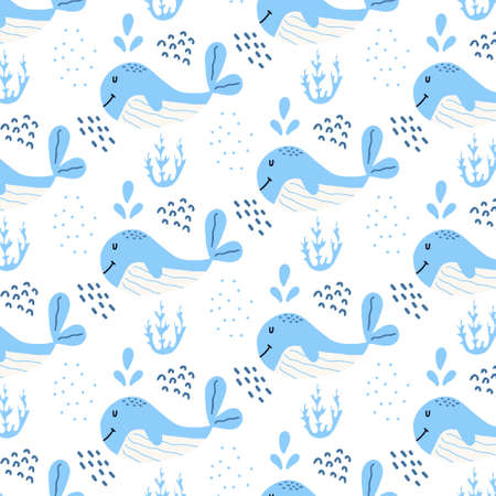 Vector hand-drawn seamless pattern with whales. Childish pattern with whales and algae. Pattern for postcards, fabrics, prints.のイラスト素材