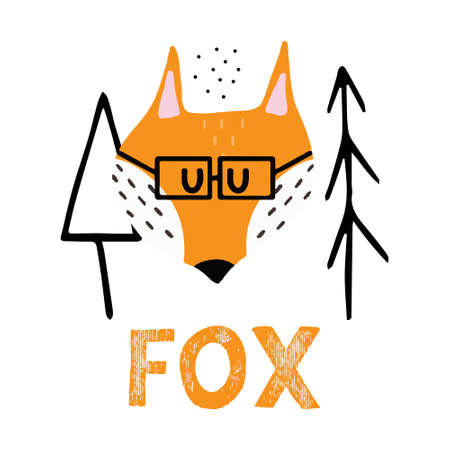 Hand-drawn childrens illustration of a red fox with glasses. Cunning fox near the Christmas trees. Lettering. Illustration for postcards, prints.のイラスト素材