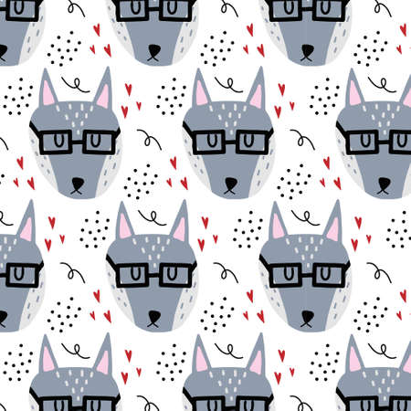 Vector childrens hand-drawn seamless pattern with gray wolf. A wolf with glasses and hearts. Pattern for postcards, posters, fabrics.のイラスト素材