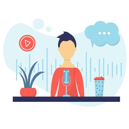 Podcaster male character, fun, happy man talking to the audience, professional podcaster on the air. Podcast concept. Podcast in the studio.のイラスト素材