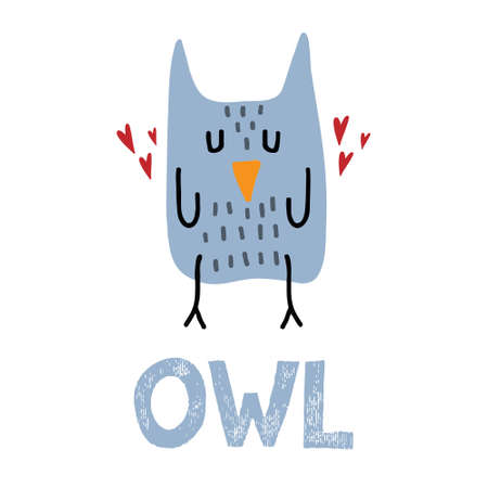 Childrens hand-drawn illustration of an owl with hearts. Cute owl. Lettering. Illustration for prints, cards, posters.のイラスト素材